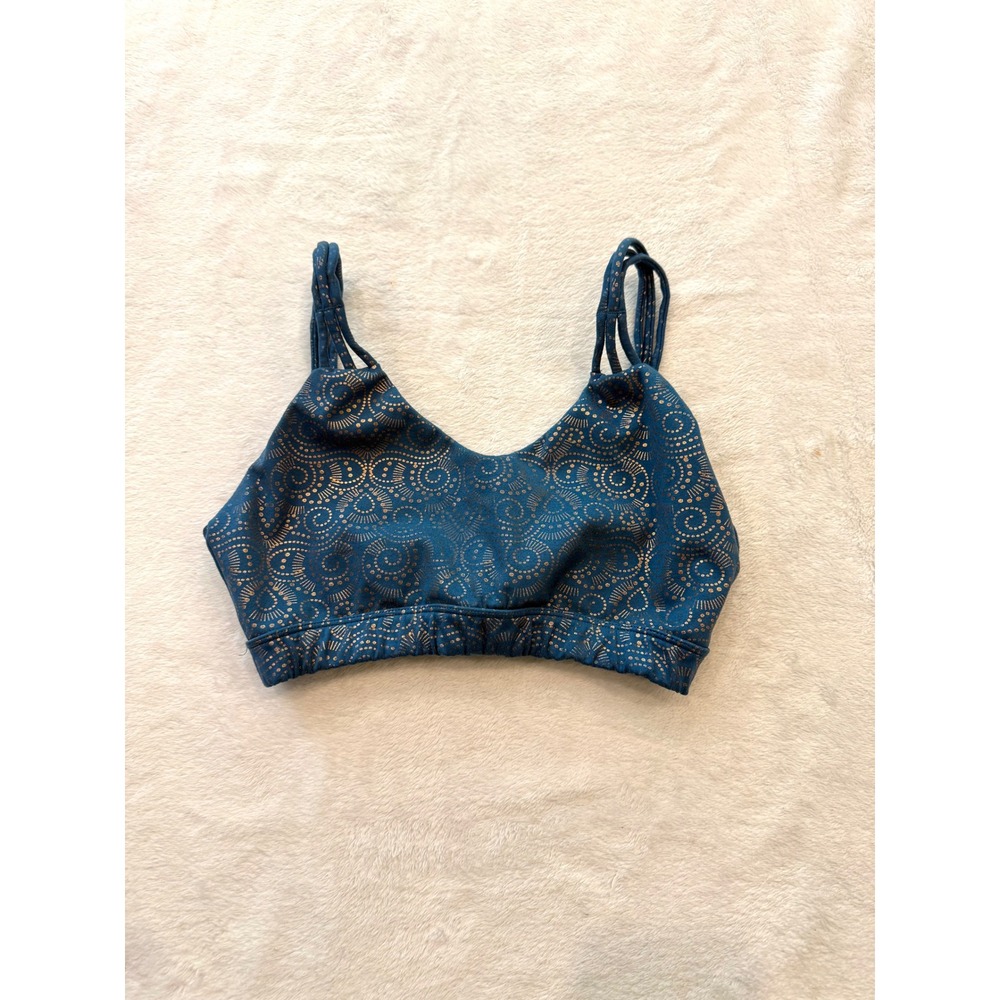 Glyder Teal Blue Gold Foil Mandala Print Strappy Back Sports Bra‎ Medium